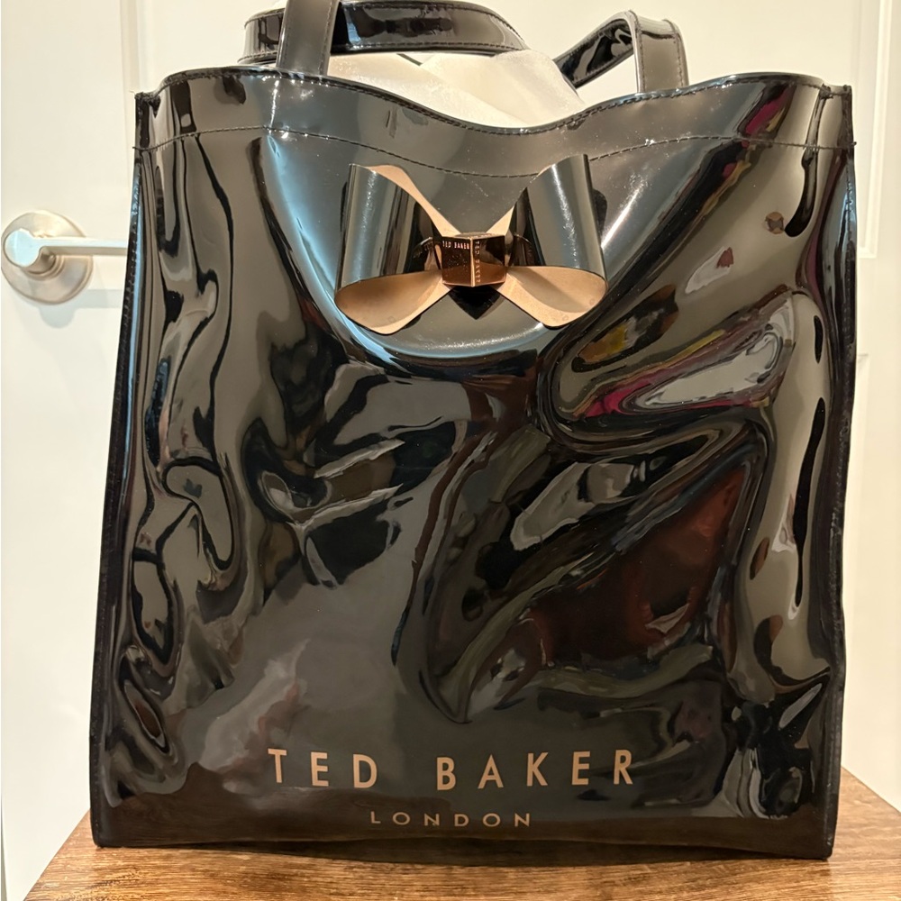 Ted Baker Glossy Black Tote with Bow Accent